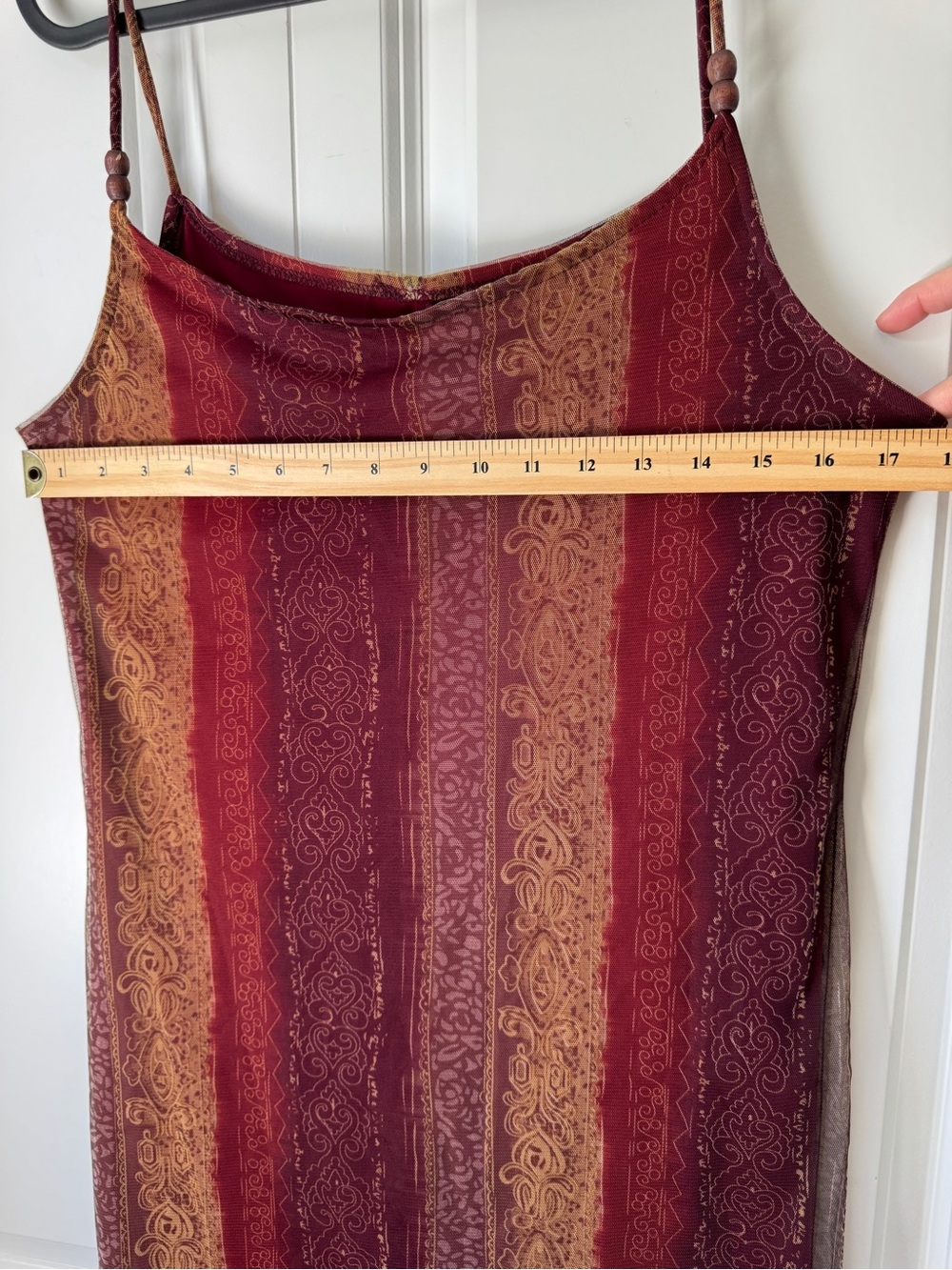 Vintage Y2K Boho Maxi Slip Dress Burgundy Gold Damask Scroll Stripe Mesh Size M - Picture 11 of 12